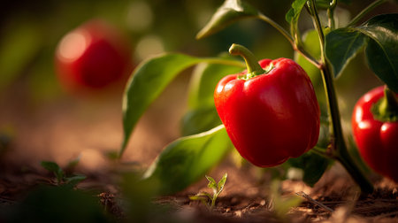 A ripe red bell pepper grows on a plant in a garden with green leaves and soilの素材