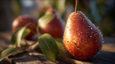 A ripe pear with water droplets on its skin sits on a wooden surface with other pears in the background.の素材