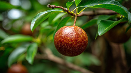 A ripe sapodilla fruit hangs from a tree branch with green leavesの素材