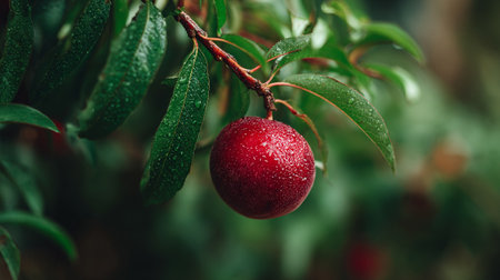 This image shows a ripe, round plum with water droplets clinging to it, hanging from a tree branch, amidst lush green leaves. The backdrop is a blurry, natural outdoor scene.の素材