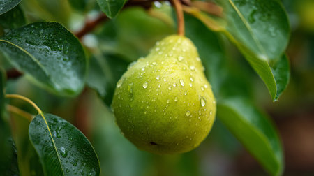 A green pear hangs from a tree branch with water droplets on its skin and leavesの素材