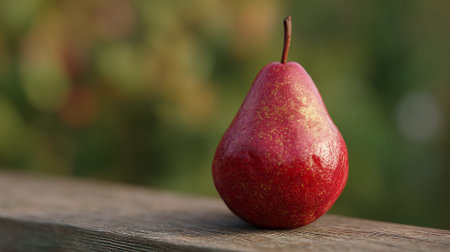 A vibrant red pear sitting on a wooden surface with a blurred green backgroundの素材