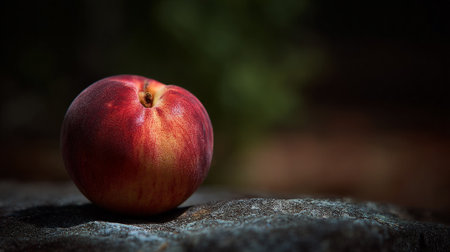 This image showcases a fresh peach, its red and yellow skin illuminated by sunlight. Resting on a textured surface, the peach exudes a sense of natural ripeness and summertime indulgence.の素材