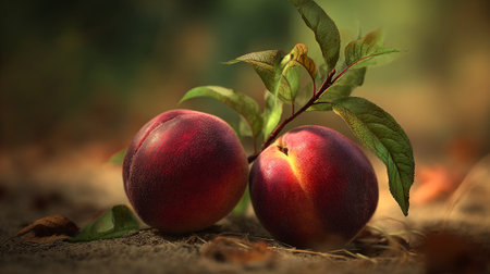 This image features two ripe nectarines laying on the ground. The nectarines have vibrant red skin and a fresh green stem with leaves attached. The backdrop is a blurred brown and green.の素材