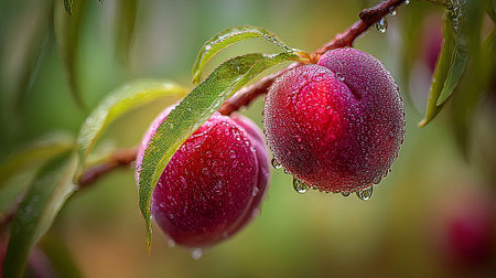 The image displays two ripe, red plums hanging from a branch with green leaves, glistening with water droplets. The plums are a deep red color and are covered in tiny droplets, reflecting light.の素材