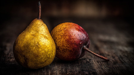 A still life of two pears on a dark wooden table with a moody atmosphereの素材