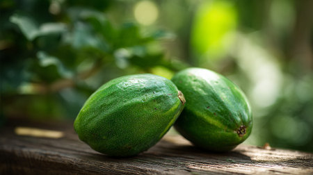 Two green avocados sitting on a wooden surface in a natural outdoor settingの素材
