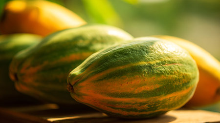 A vibrant display of green and yellow melons on a wooden surface in natural lightの素材