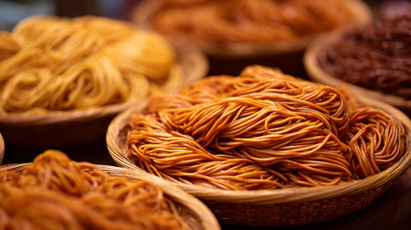 Delicious Woven Baskets of Noodles Ready for a Culinary Feast or Celebrationの素材