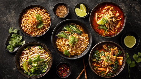 Assortment of delicious Asian noodle soups with vibrant toppings on black background.の素材