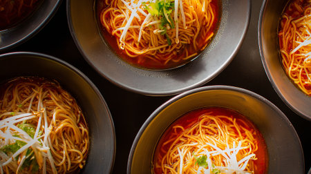 Savory Ramen Bowls: Top-Down View of Asian Noodle Soup Presentationの素材