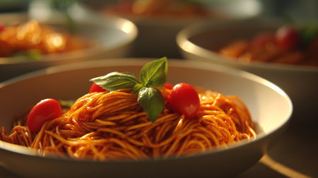 Elegant Bowls of Spaghetti with Cherry Tomatoes and Fresh Basil Leavesの素材