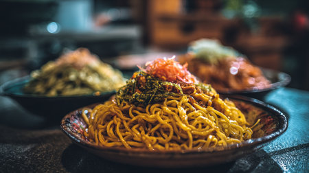 Delicious and Colorful Noodle Dish with Garnishes Displayed on Decorative Platesの素材
