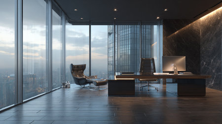 A modern office with a city view and a large desk by the windowの素材