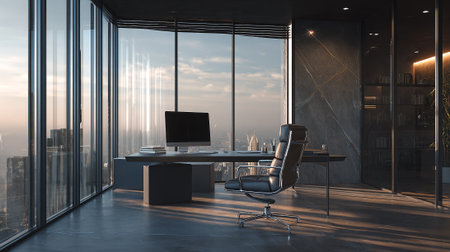 A modern office with a large desk and chair in front of a city skyline viewの素材