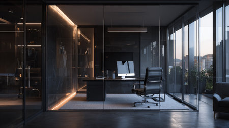 A modern office with a sleek glass wall and a city view at duskの素材