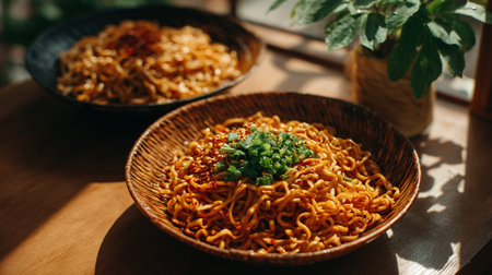 Spicy sesame noodles with green onions in artisan bowls under natural lightの素材
