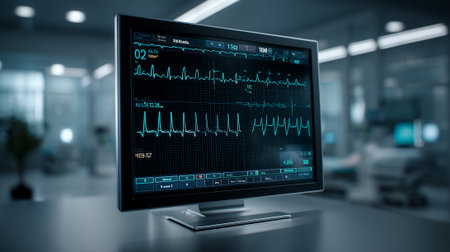 Modern Healthcare Patient Monitor Displaying Real-time ECG Waveforms for Critical Patient Observation.の素材