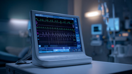 Advanced Patient Monitor Displaying Multi-Channel Electrocardiogram Waveforms for Comprehensive Clinical Diagnosisの素材