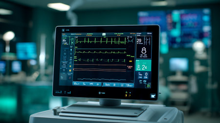 High-Tech Medical Monitor Displaying Comprehensive Patient Vital Statistics in a Modern Clinical Setting.の素材