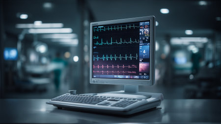 Advanced Medical Monitoring System with Keyboard for Patient Data Management in Hospital Environment.の素材