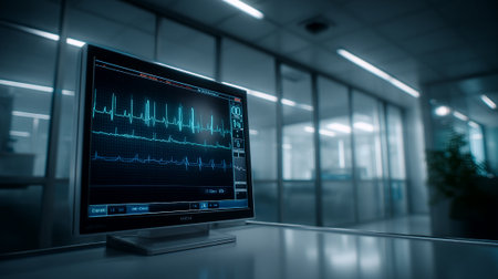 Modern Medical Monitor Displaying Live Electrocardiogram Readings in a Contemporary Hospital Hallway.の素材