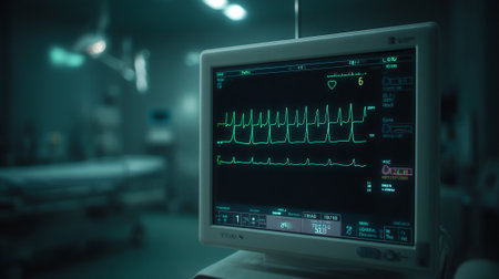 Essential Medical Monitor Showing Patient Electrocardiogram Tracings for Clinical Health Evaluation.の素材