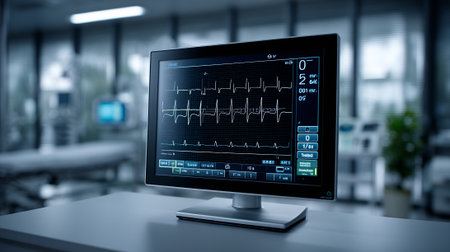 Advanced Medical Monitor Displaying Real-Time Heart Rhythm Data in a Sophisticated Clinical Diagnostic Setting.の素材
