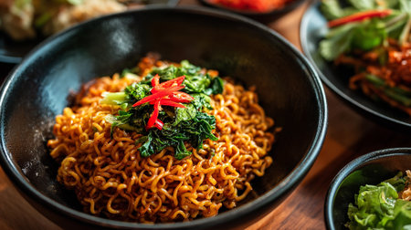 Delicious Asian Noodles with Fresh Greens and Red Pepper Garnishの素材