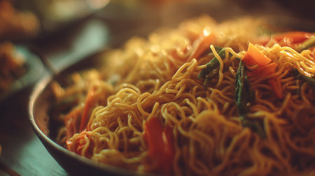 Delicious noodle stir-fry with vibrant vegetables served in a shallow bowl.の素材