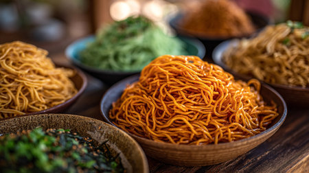 Delicious Bowls of Varied Noodle Dishes Ready to Eat and Enjoyの素材