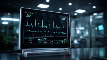 State-of-the-Art Medical Monitor Showing Patient Vital Signs in a Professional Healthcare Setting.の素材