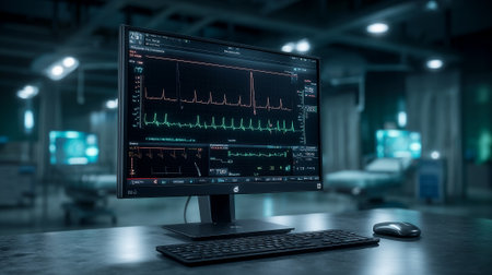 Digital Medical Display Screen with Vital Waveforms and Computer Peripherals in a Dark Hospital Environment.の素材