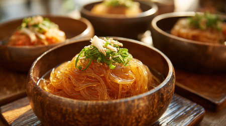 Japchae noodle dish presented in rustic wooden bowls with appetizing toppingsの素材