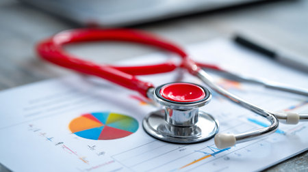 Medical Stethoscope on Doctor's Desk in Hospital Office Settingの素材