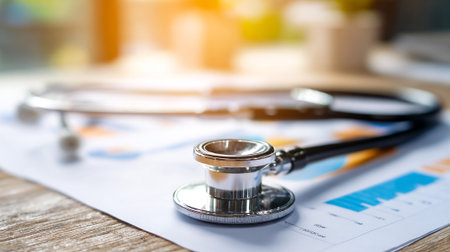 Stethoscope on Medical Chart, Doctor's Office Desk with Blurred Backgroundの素材