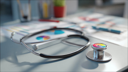 Stethoscope on Desk with Medical Charts and Rainbow Diaphragmの素材