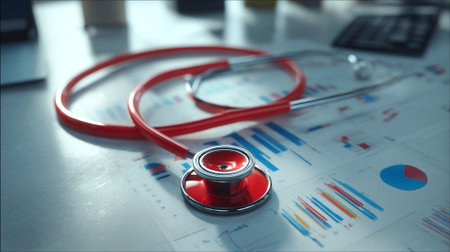 Stethoscope on Medical Charts and Graphs, Healthcare Conceptの素材
