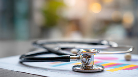Stethoscope on Medical Chart, Doctor's Office Desk with Blurred Backgroundの素材