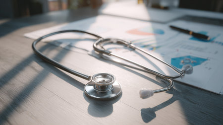 Stethoscope on Desk with Medical Charts and Documentsの素材