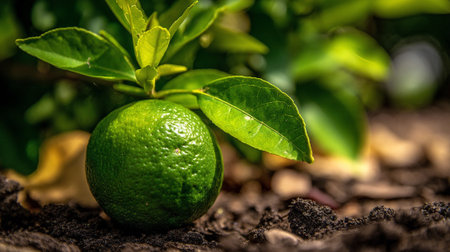 Fresh Green Lime Fruit Growing on Tree in Soil with Leavesの素材