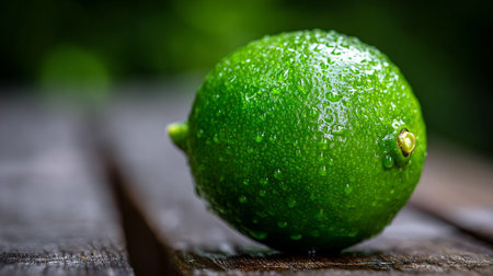 Fresh Green Lime with Water Droplets on Wooden Surfaceの素材