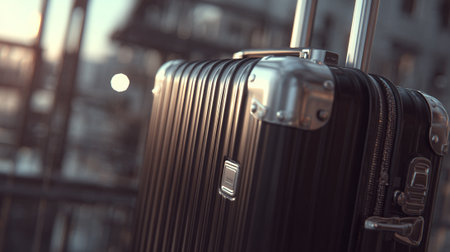 Stylish Black Suitcase Against an Urban Backdrop Ready for the Airportの素材