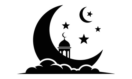 Crescent moon, stars, and mosque dome, peaceful evening sceneのイラスト素材