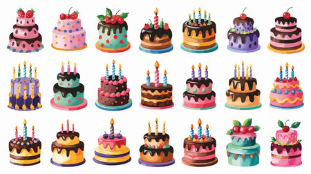 Birthday cakes, celebration cakes, candles, festive toppings