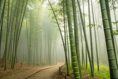 Road in the bamboo forest with morning fog at Arashiyama, Kyoto, Japanの素材