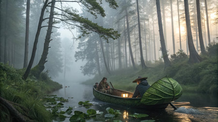 Foggy morning in the forest with a man in a boatの素材