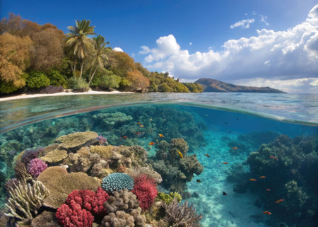 Underwater view of coral reef and tropical fish, Seychellesの素材