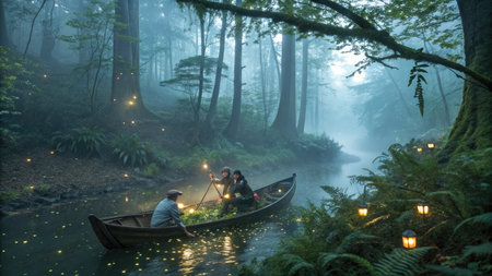 Asian couple rowing a boat in the misty forest at nightの素材