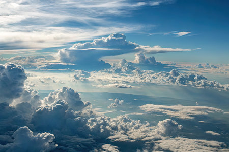 Clouds and sky as seen through window of an aircraft flying above the earthの素材